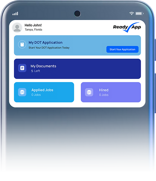 Ready App dashboard showing DOT Application, Documents, Applied Jobs, and Hired sections